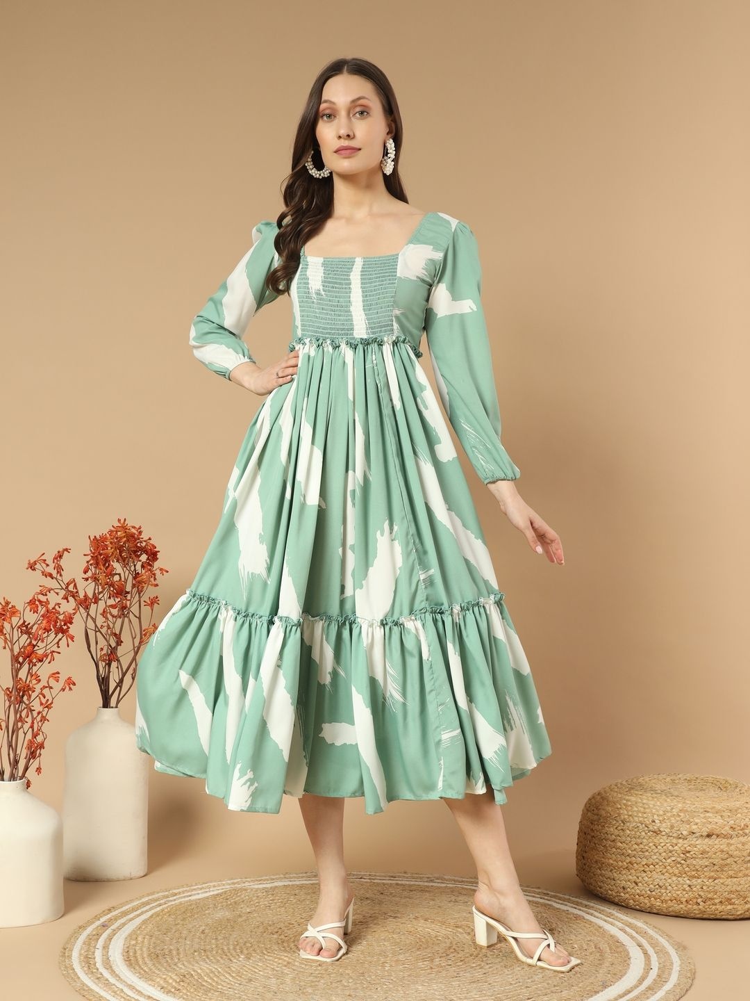 

OTABU Women Printed Fit and Flare Midi Dress, Green