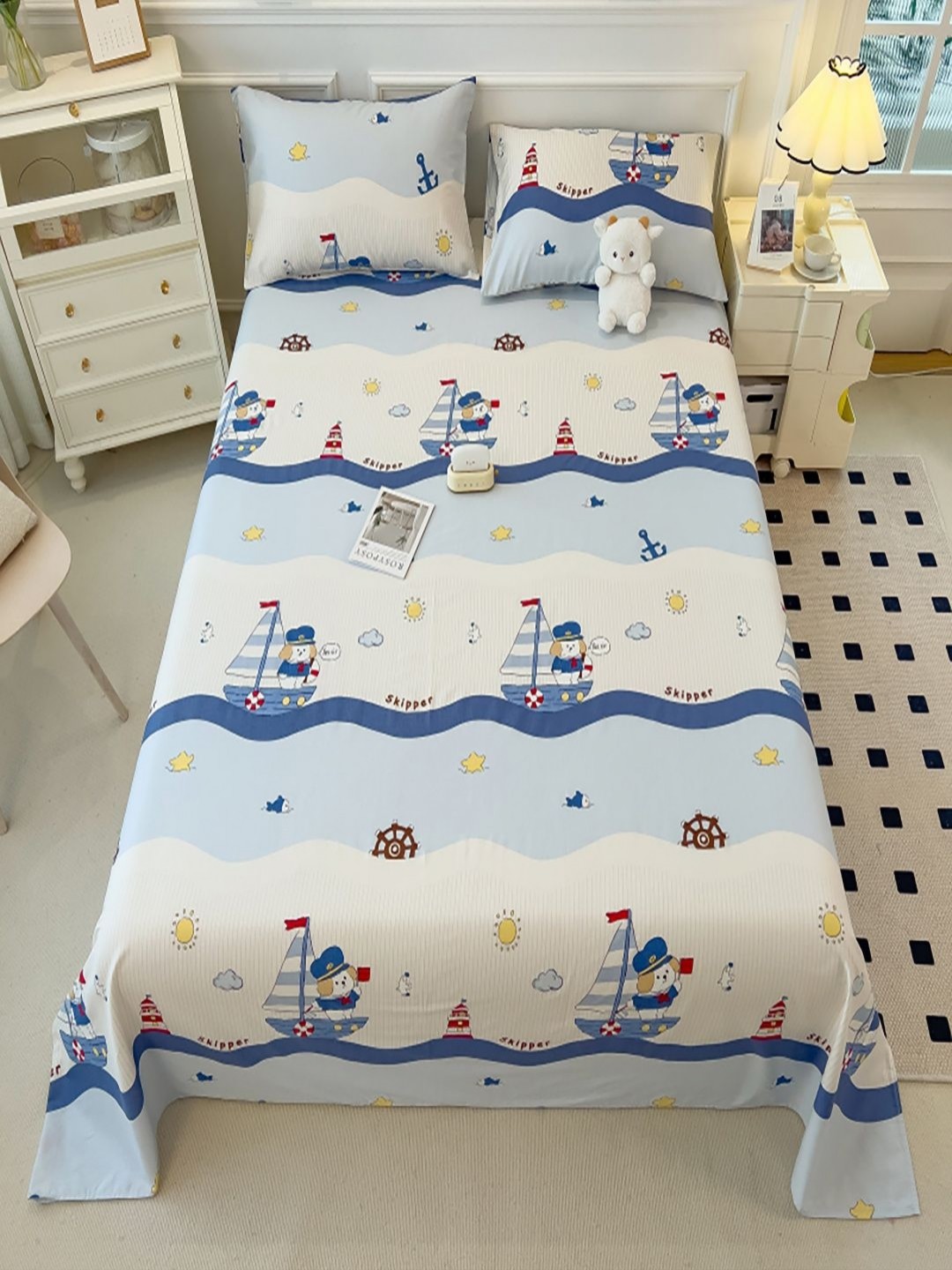 

JC HOME Blue & Cream Graphic Printed Pure Cotton 220 TC Single Bedsheet Set 1.60m x 2.30m