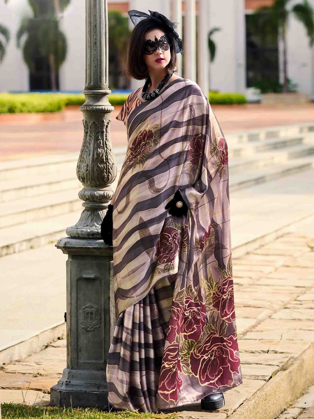 

Blissta Floral Printed Satin Saree, Grey
