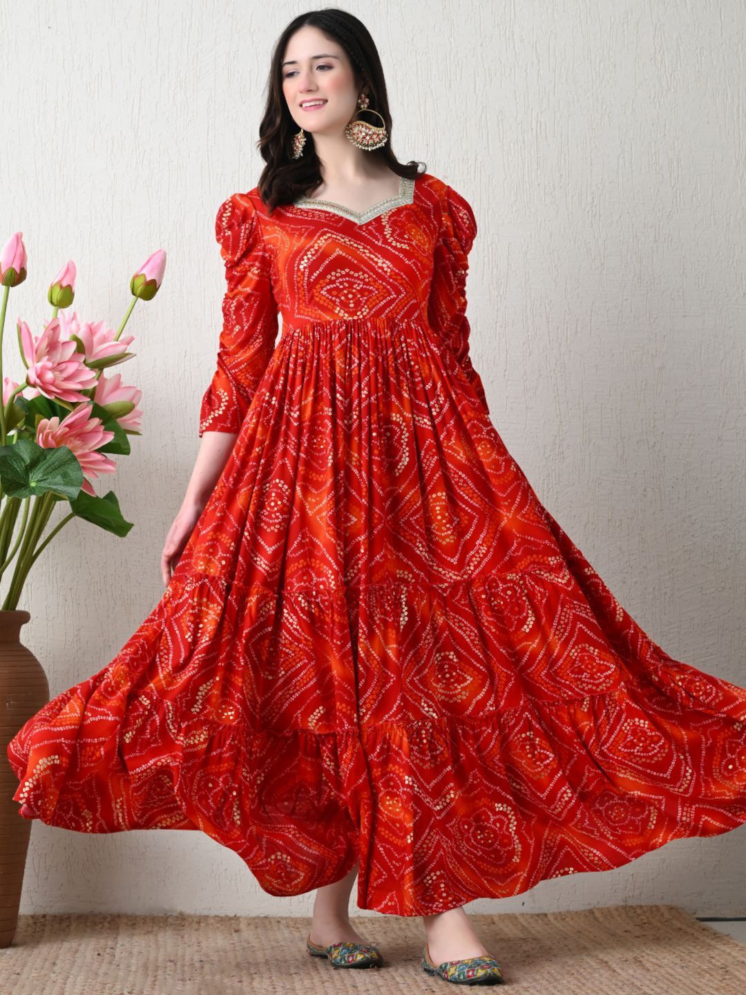

WHATNOT STYLE Women Sweetheart Neck Tiered Ethnic Motifs Printed Maxi Dress, Red