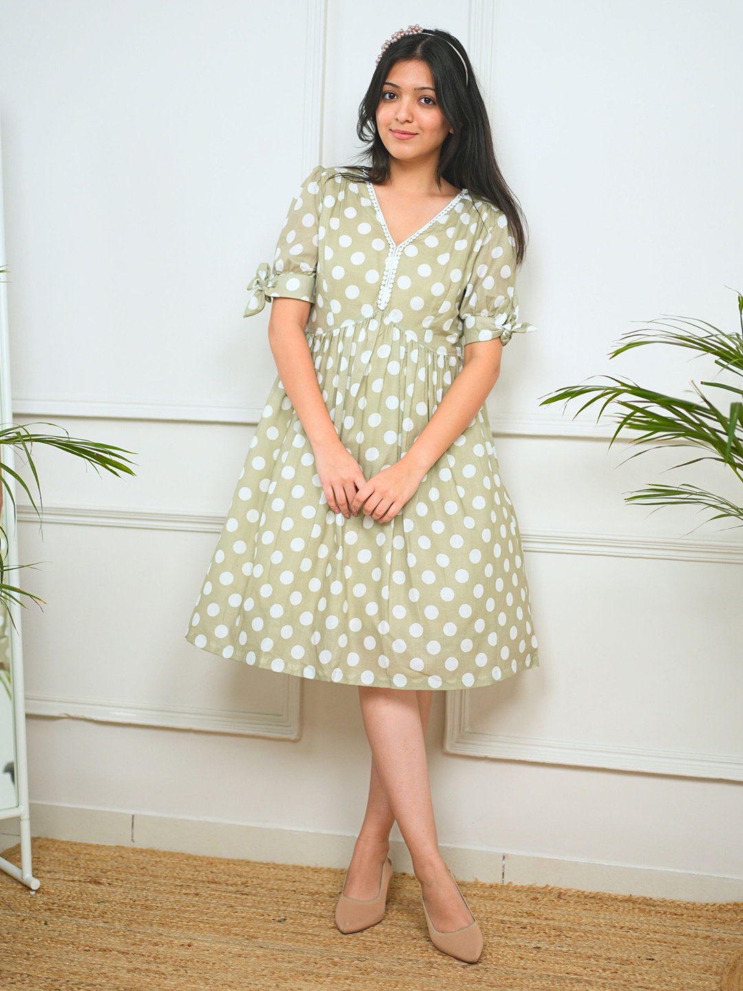 

Shreetatvam Fern Green Polka Cotton Dress