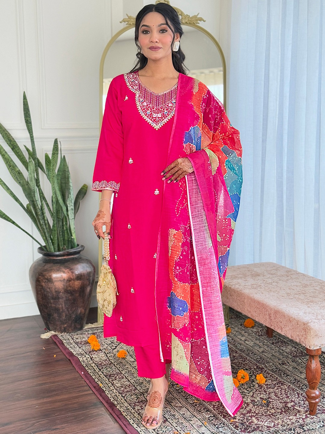 

Growdamy Floral Embroidered Sequinned Kurta With Trouser And Dupatta, Pink