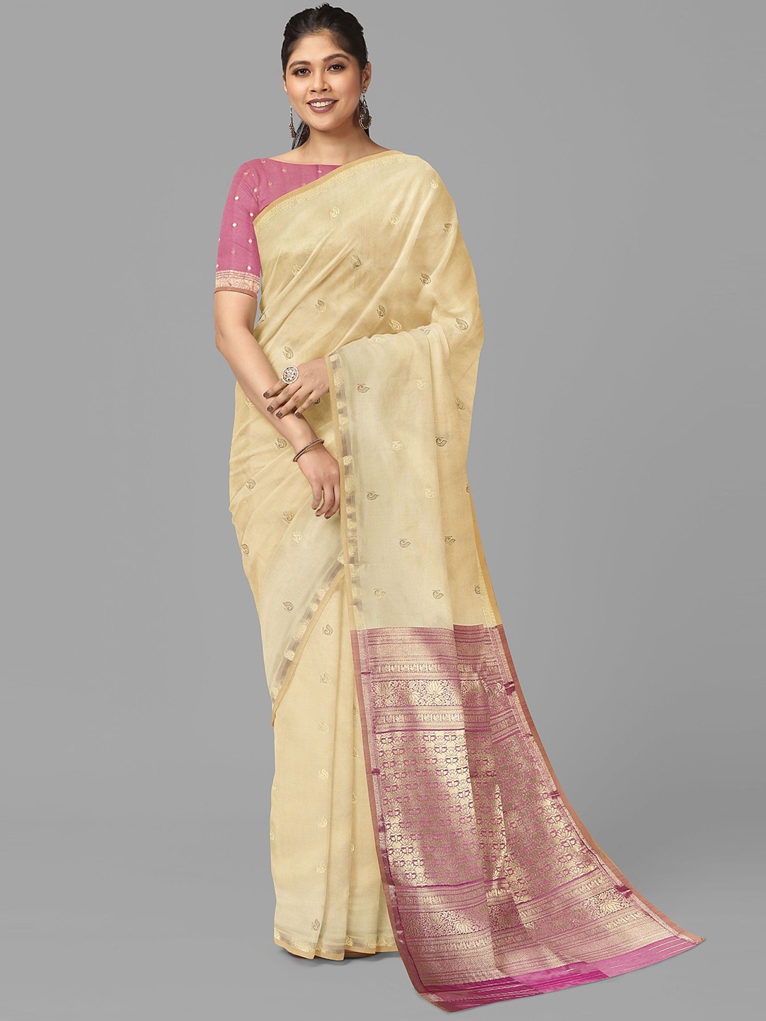 

The Chennai Silks Ethni Motifs Woven Design Zari Ilkal Saree, Beige