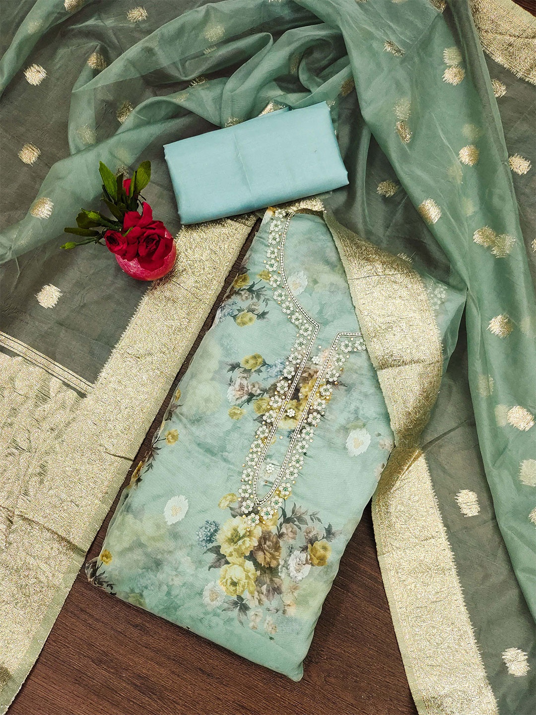 

SHADOW & SAINING Floral Printed Beaded Organza Semi-Stitched Dress Material, Teal