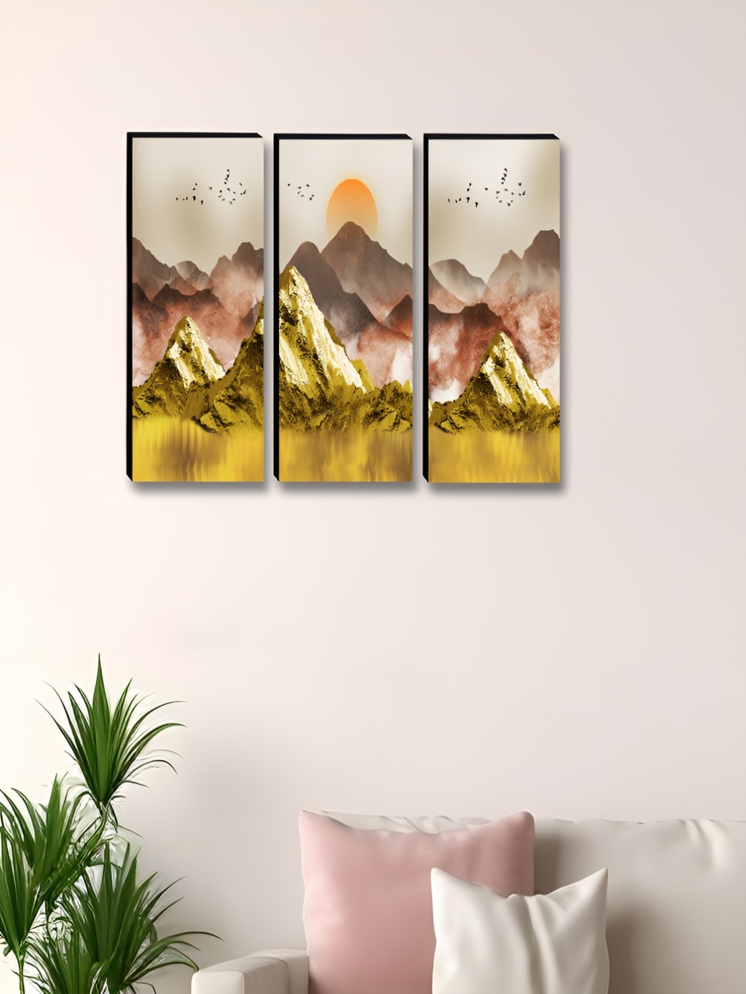 

Myntra Elegant Homes Gold-Toned & Brown 3 Pieces Rising Sun Printed Wooden Wall Paintings