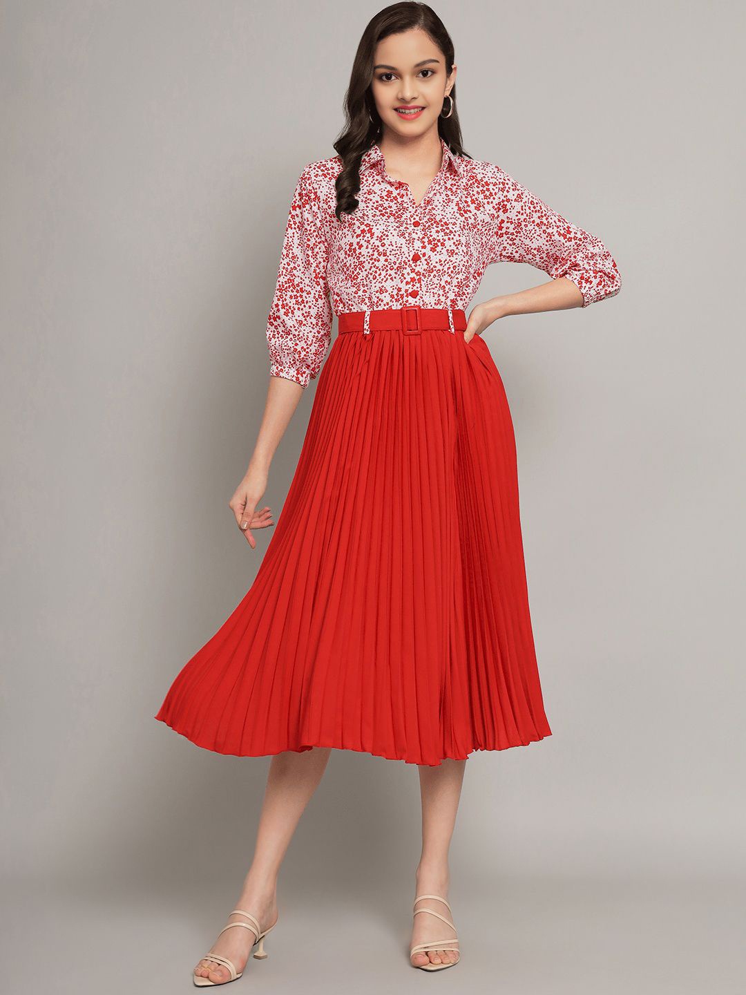

OTABU Girls Floral Print Shirt Collar Accordion Pleated Fit and Flare Midi Dress With Belt, Red