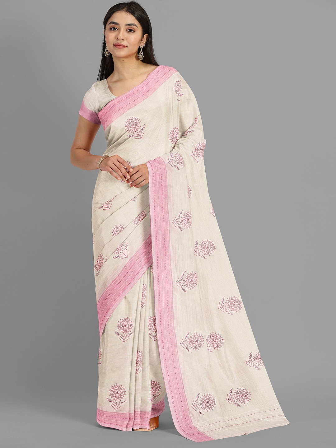 

The Chennai Silks Floral Printed Sambalpuri Saree, Beige