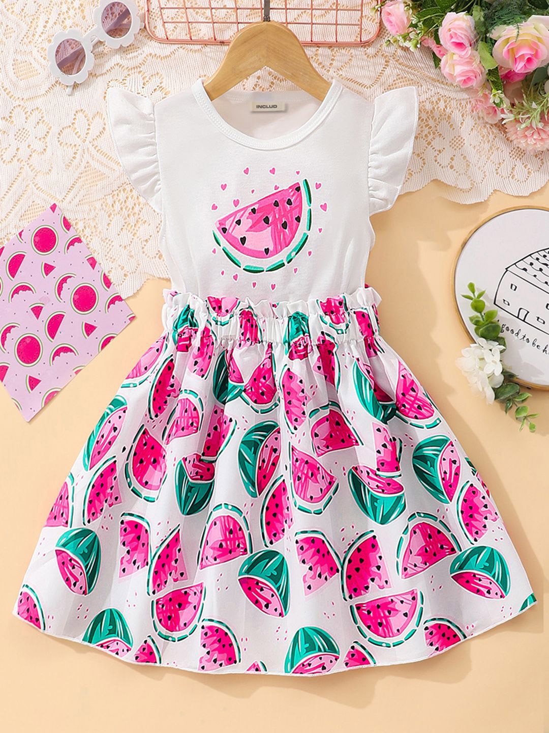 

INCLUD Girls Printed Top With Skirt, Pink