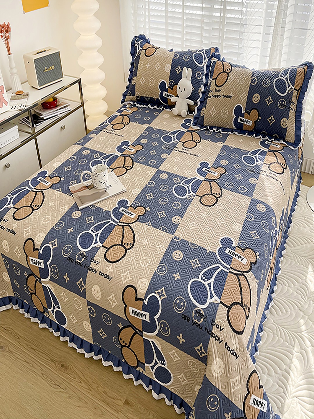 

JC HOME Blue & Beige Printed Cotton Double King Bed & Pillow Cover