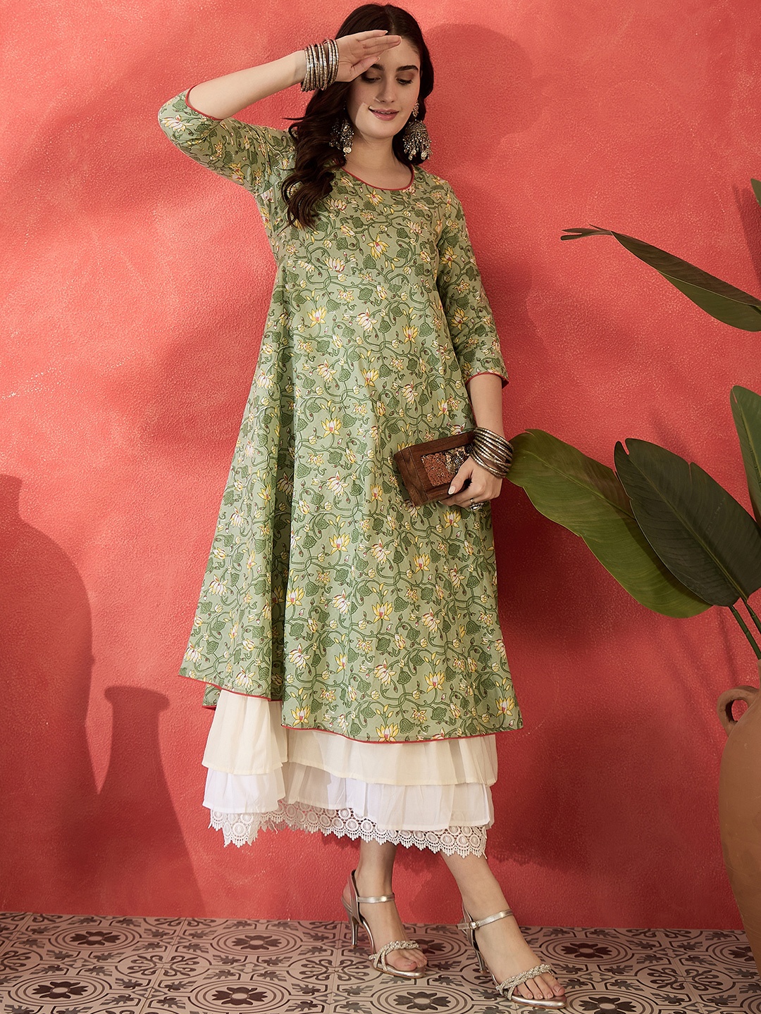 

Sangria Women Floral Printed Cotton Layered Maxi Ethnic Dress, Green