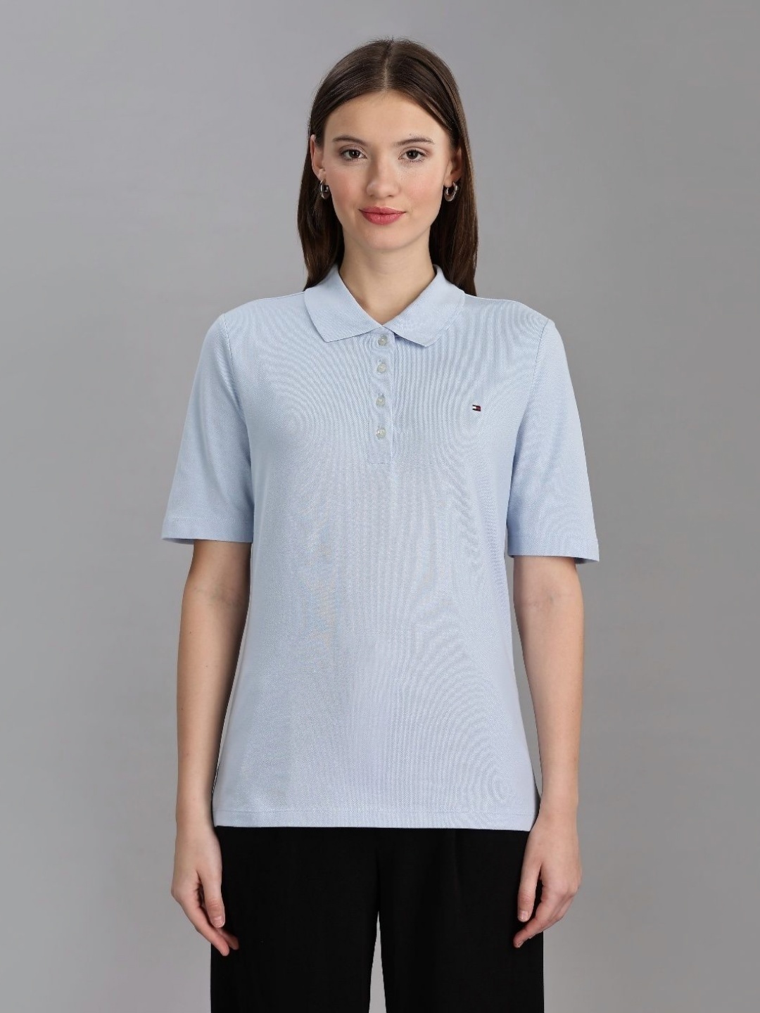 

Tommy Hilfiger Women Solid Polo Collar Cotton T-shirt, Blue