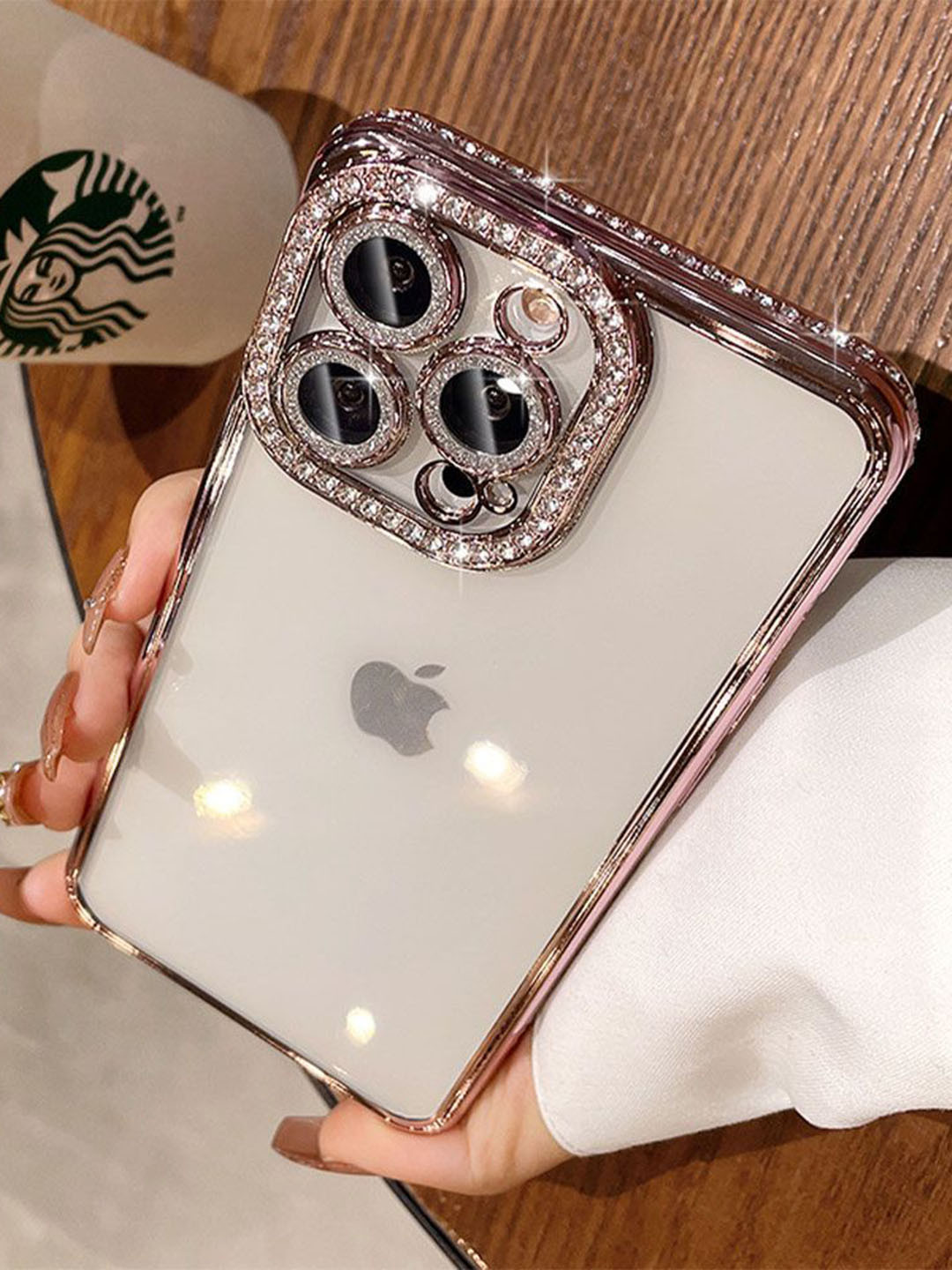 

Luxury Kase iPhone 15 Pro Plating Glitter Diamond Transparent Shock proof Back Case, Rose gold