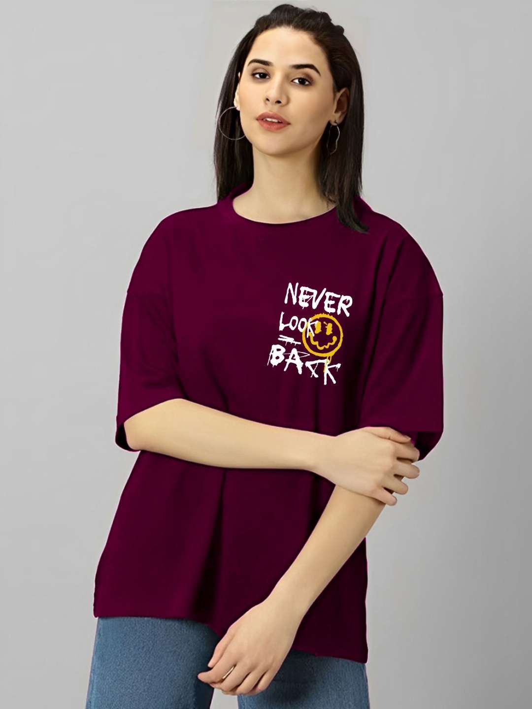 

Kushi Flyer Women Typography Printed Round Neck Cotton Oversized T-shirt, Maroon