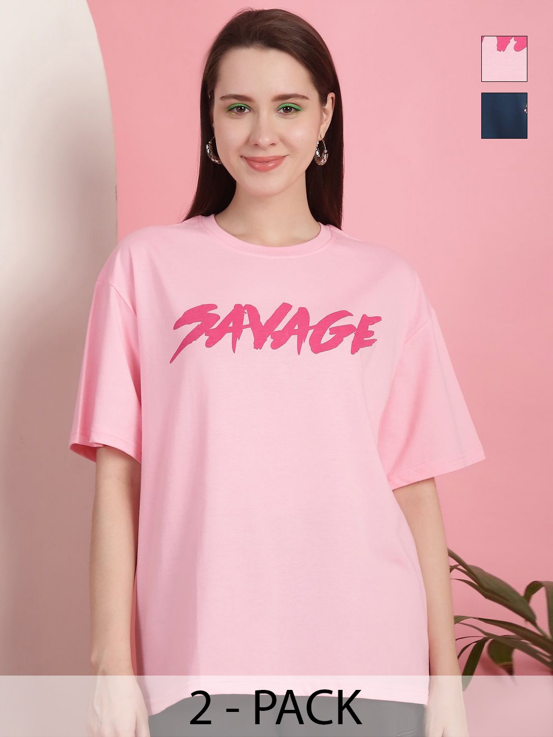 

GLOBAL NOMAD Women Pack Of 2 Graphic Printed Round Neck Cotton Oversized T-shirts, Pink
