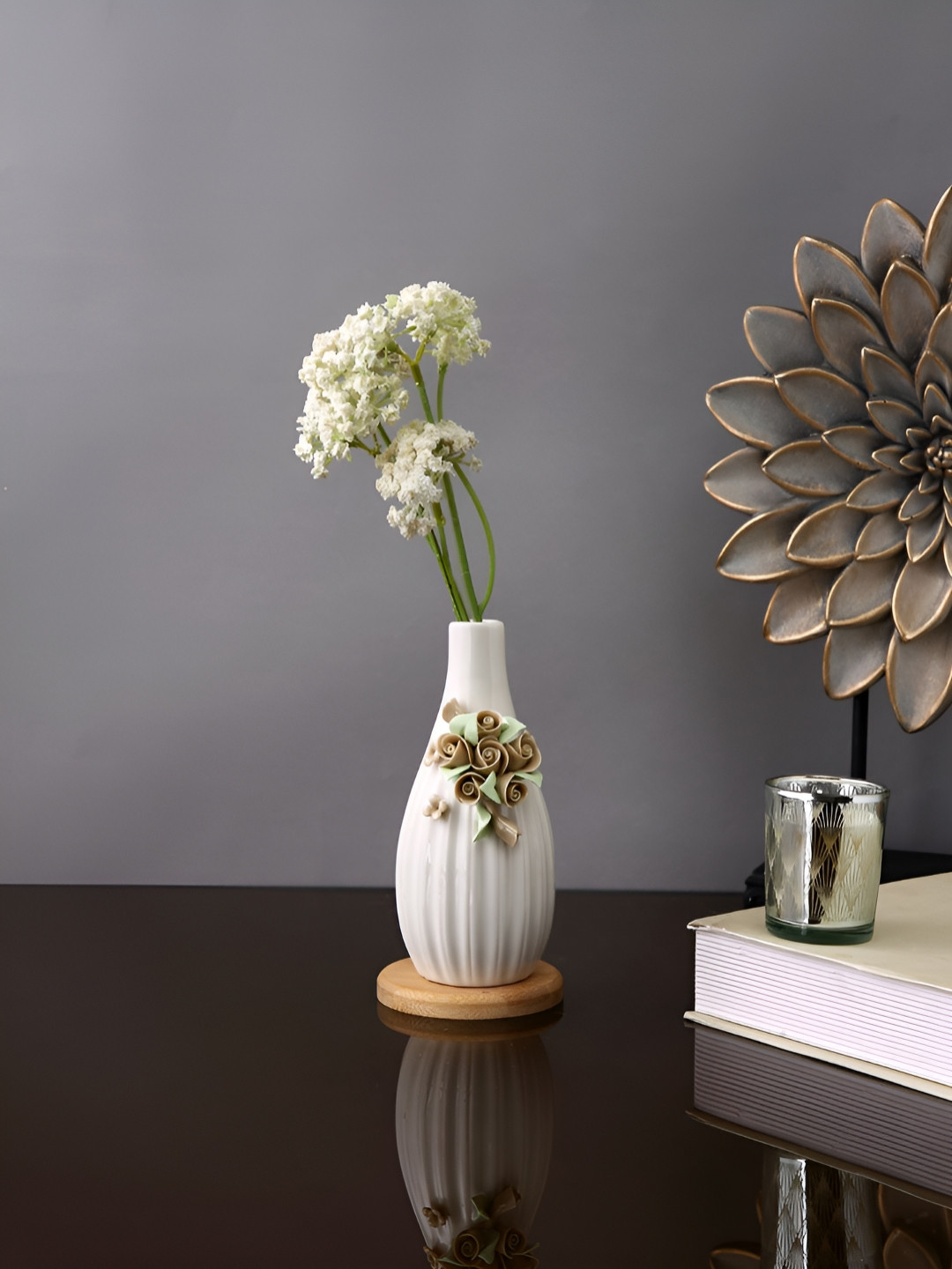 

TAYHAA White & Beige Textured Ceramic Bloom Bottle Flower Vase