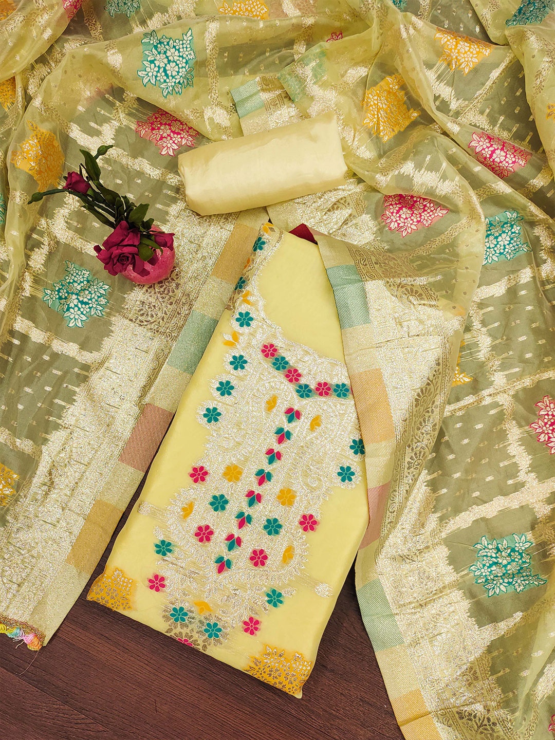 

SHADOW & SAINING Floral Woven Design Organza Unstitched Dress Material, Yellow