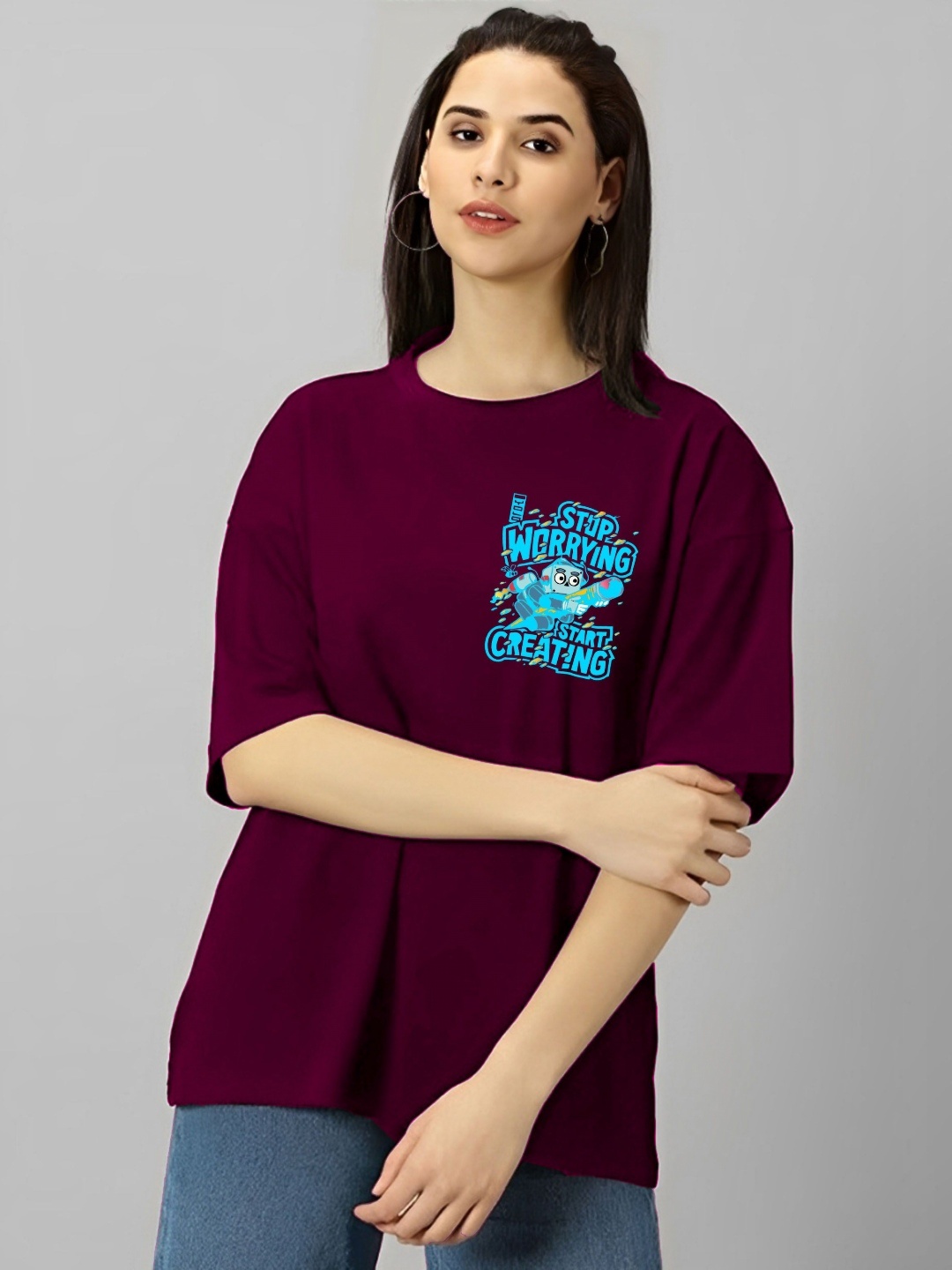

Kushi Flyer Women Graphic Printed Round Neck Cotton Oversized T-shirt, Burgundy