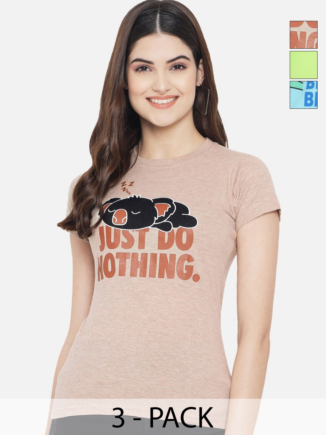 

Dreambe Women Pack of 3 Donald Duck Typography Printed Round Neck Cotton T-shirts, Beige