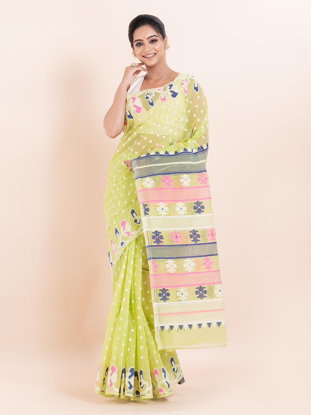 

PUKU Polka Dots Woven Design Jamdani Saree, Green