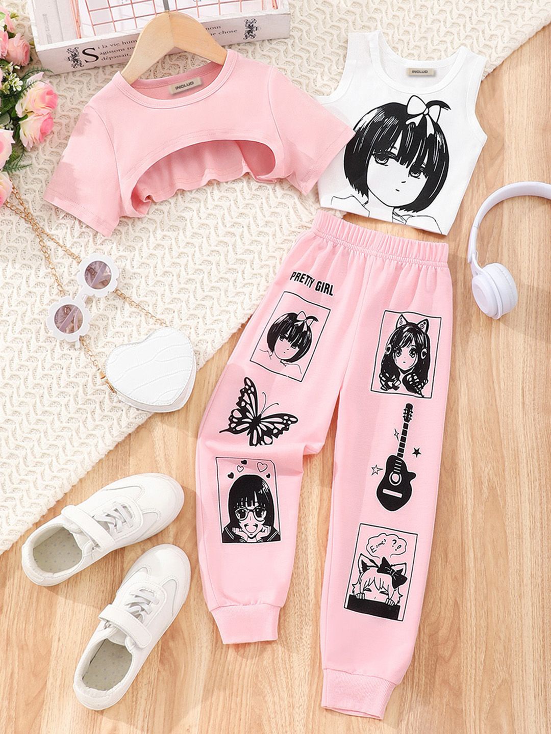 

INCLUD Girls Printed Crop Top With Joggers And Tank Top, Pink