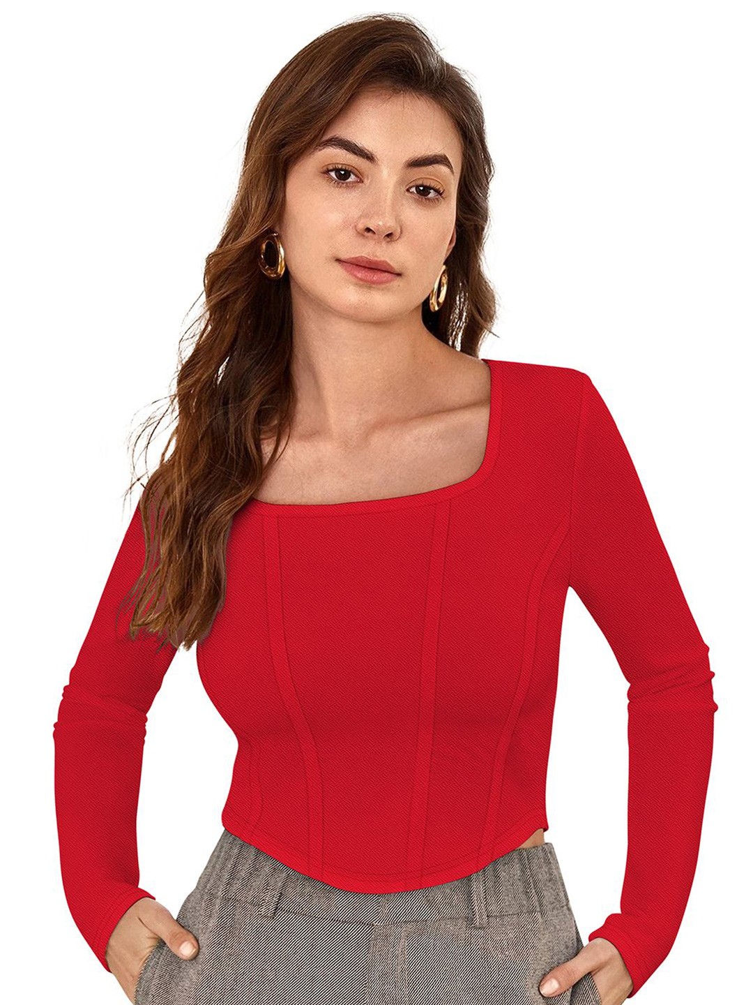 

S.K.C Women Square Neck Fitted Crop Top, Red