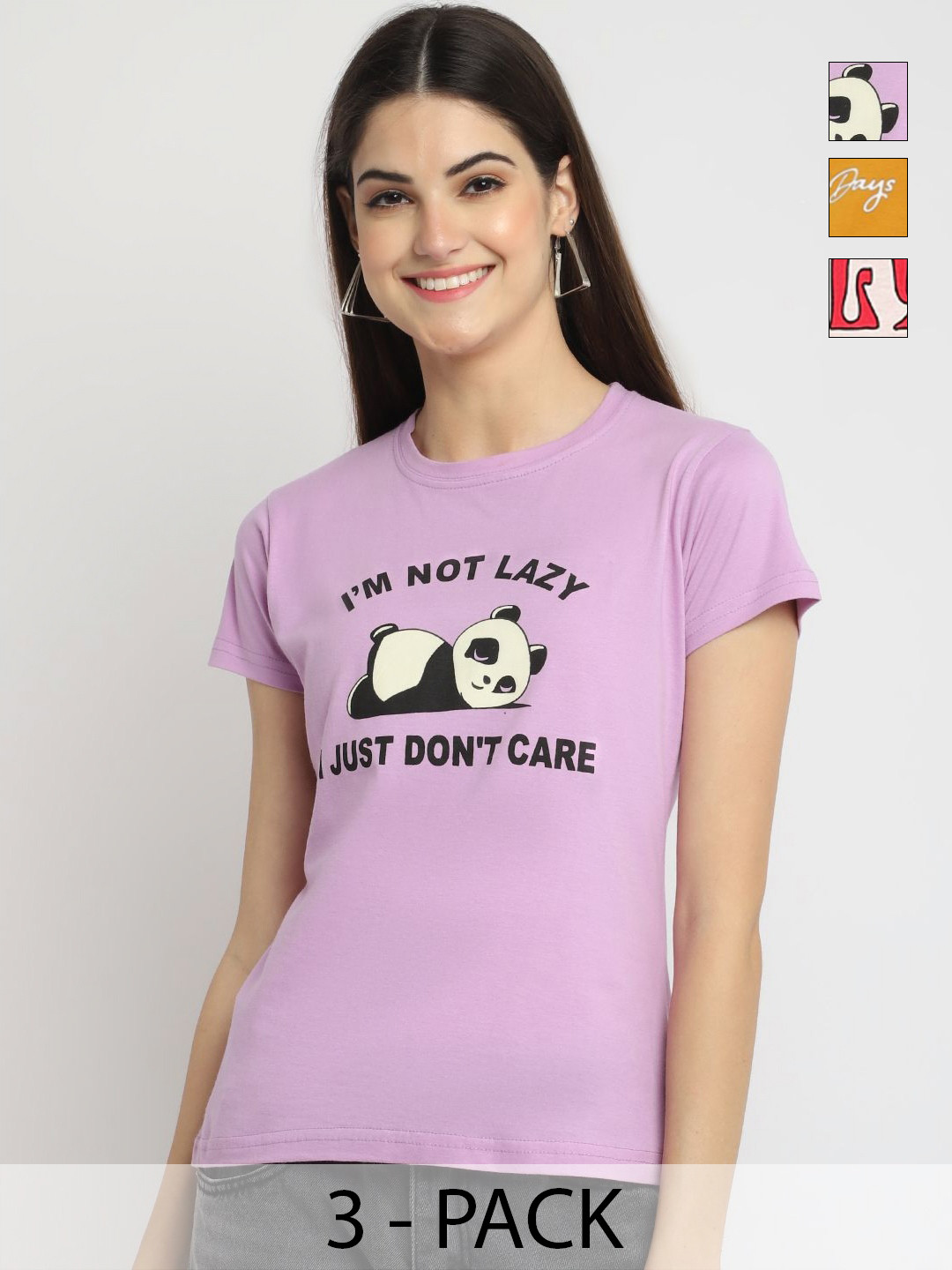 

Dreambe Women Pack of 3 Graphic Printed Round Neck Cotton T-shirts, Lavender