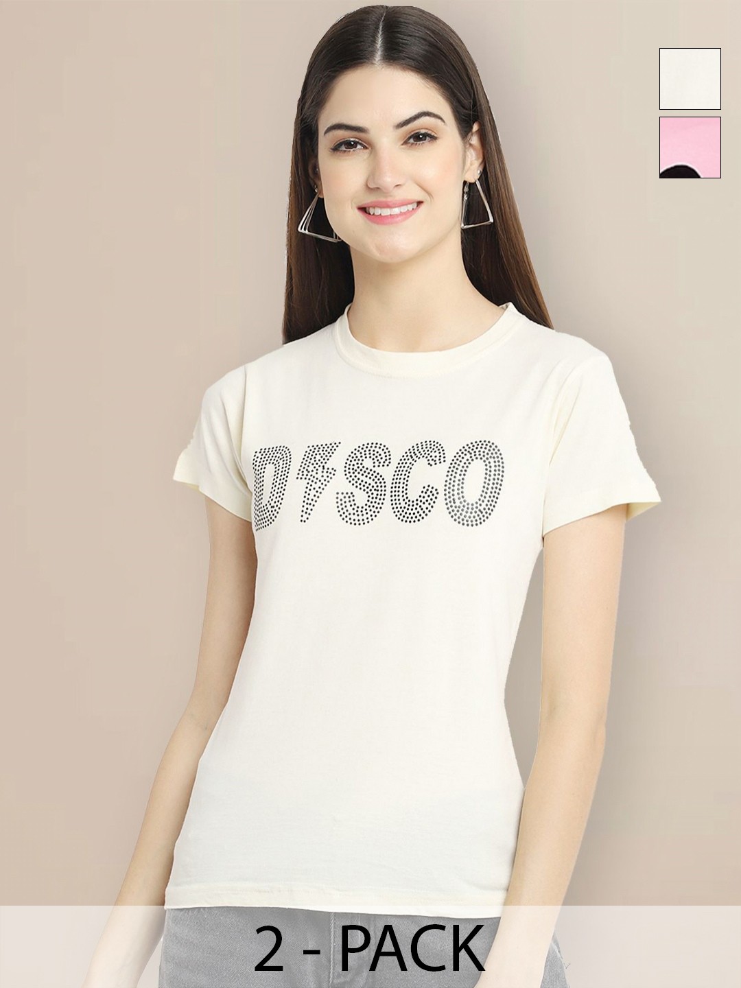

GLOBAL NOMAD Women Pack of 2 Typography Printed Round Neck Cotton T-shirts, Cream
