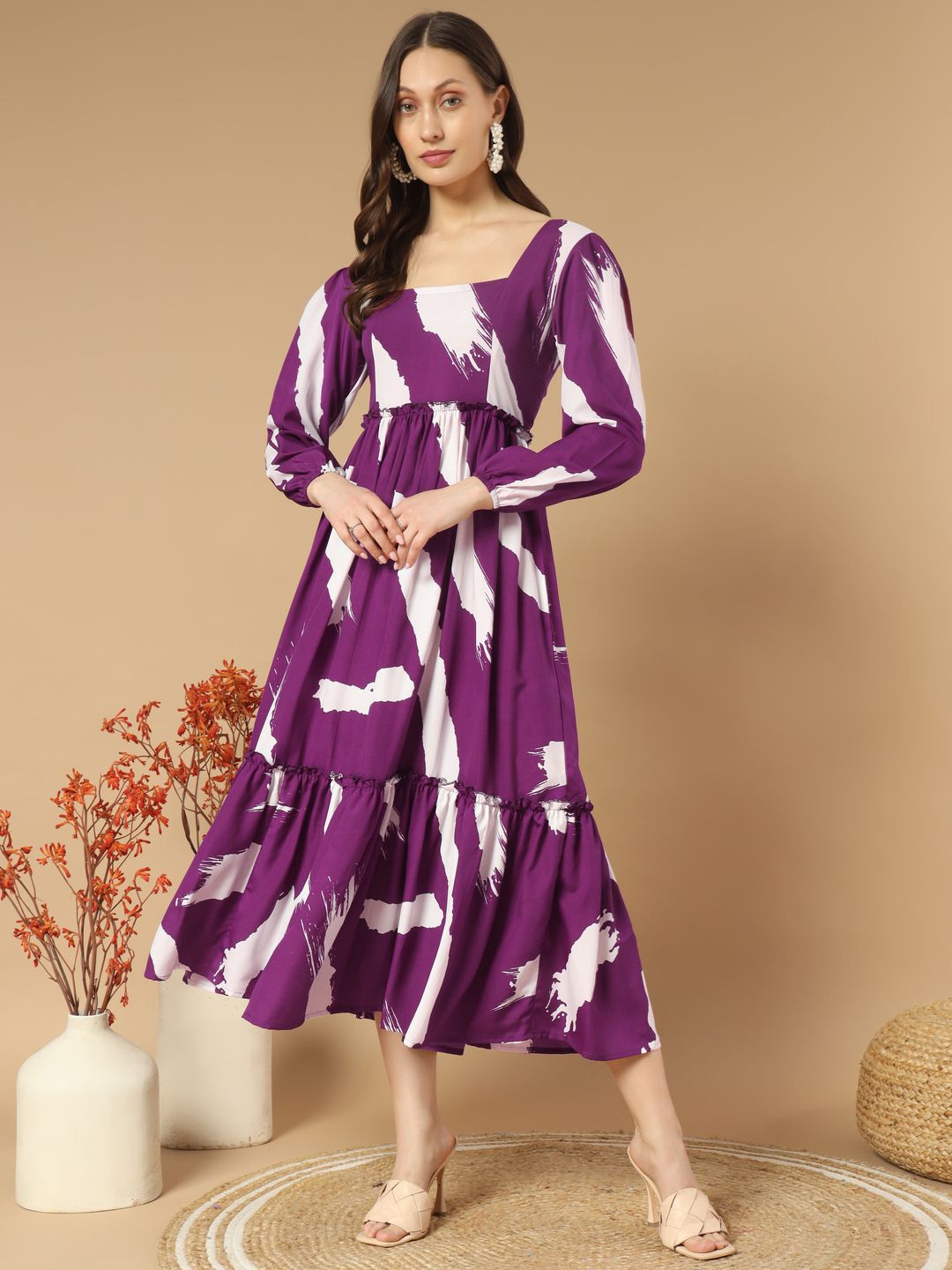 

OTABU Printed Smocked Fit & Flare Midi Dress, Purple