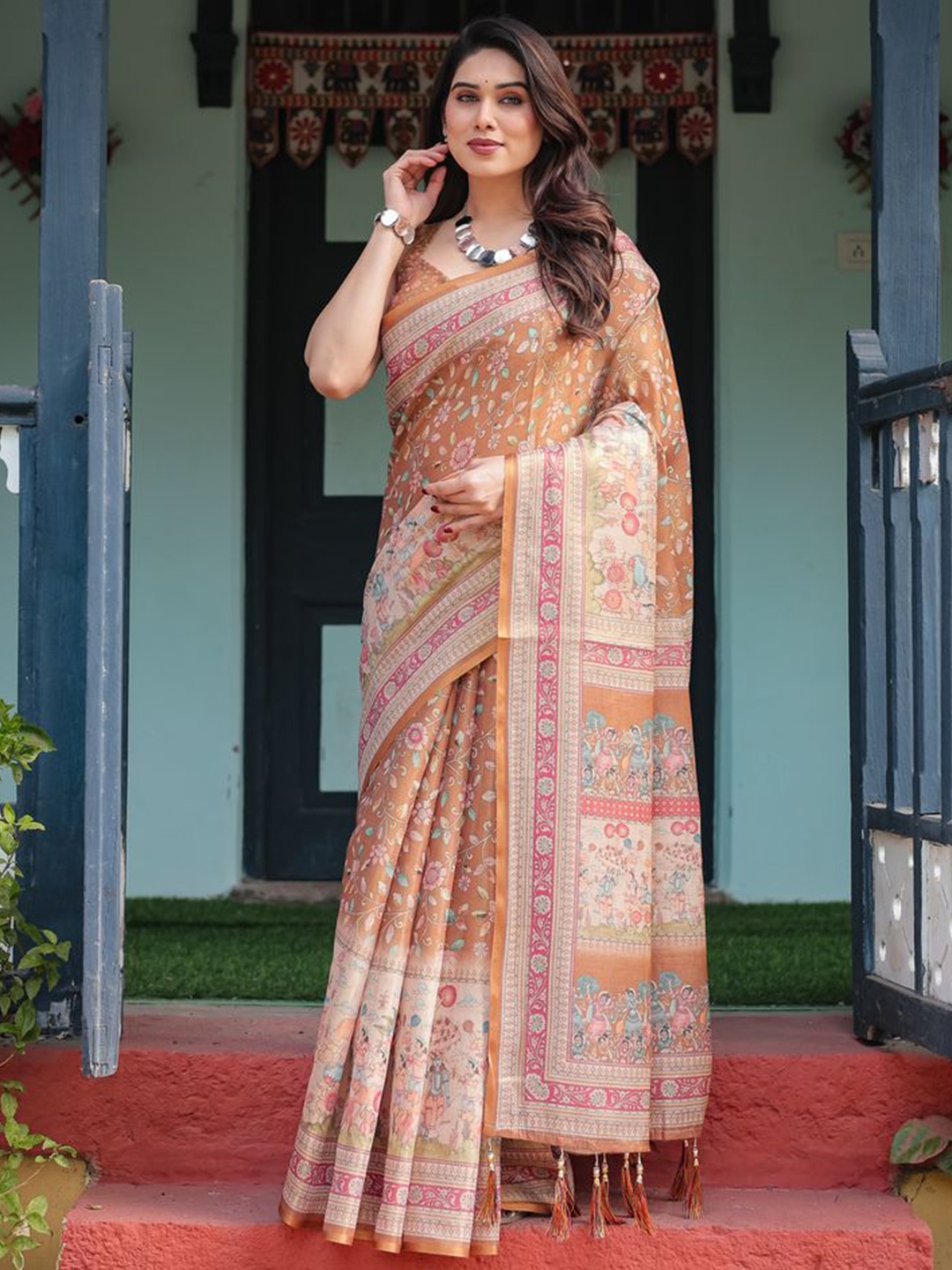 

ALMAARI FASHION Floral Printed Pure Cotton Banarasi Saree, Yellow