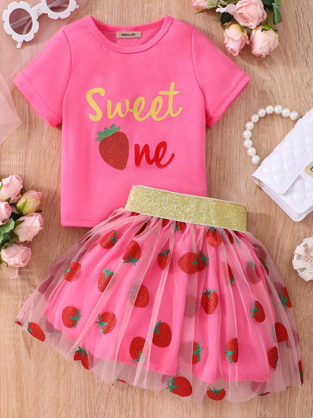 

INCLUD Girls Printed Round Neck T-shirt With Skirt, Fuchsia