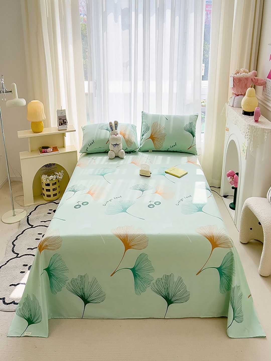 

JC HOME Green & Orange Floral Printed 140 TC King Bedsheet Set 2.50m x 2.45m