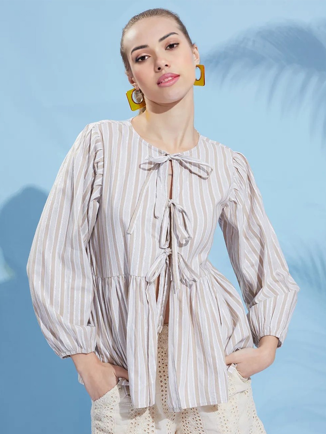 

all about you Striped Tie-Up Neck Puff Sleeve Cotton Peplum Top, Beige