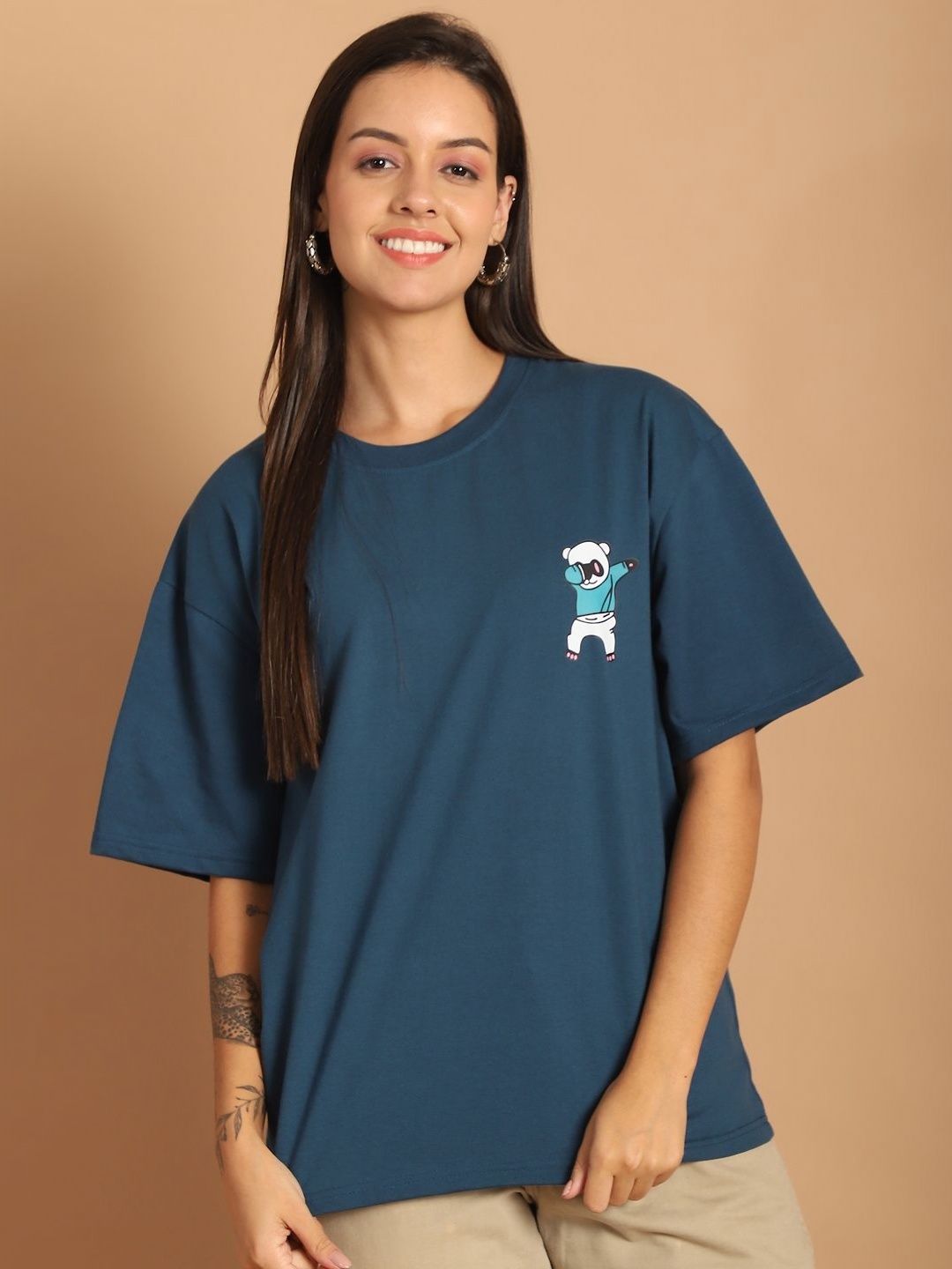

Metronaut Women Graphic Printed Round Neck Cotton Oversized T-shirt, Navy blue