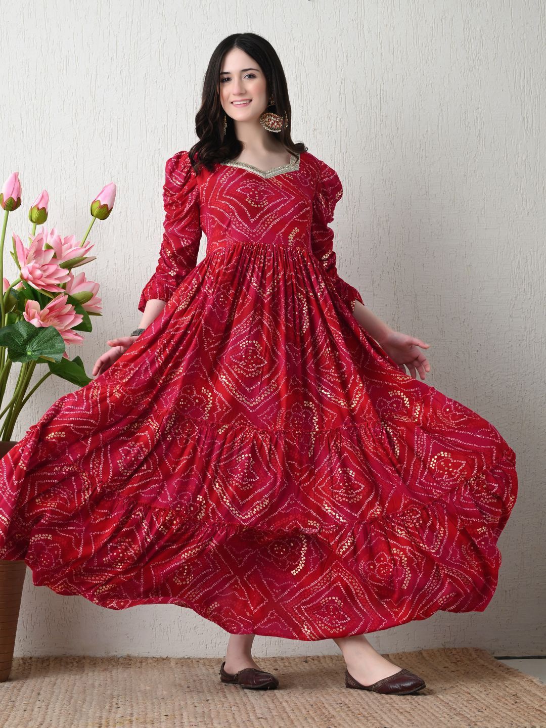 

WHATNOT STYLE Women Bhandani Printed Ethnic Gown Maxi Dress, Pink
