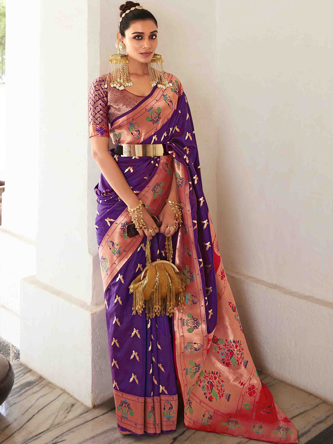 

KIMISHA Woven Design Zari Pure Georgette Paithani Saree, Purple