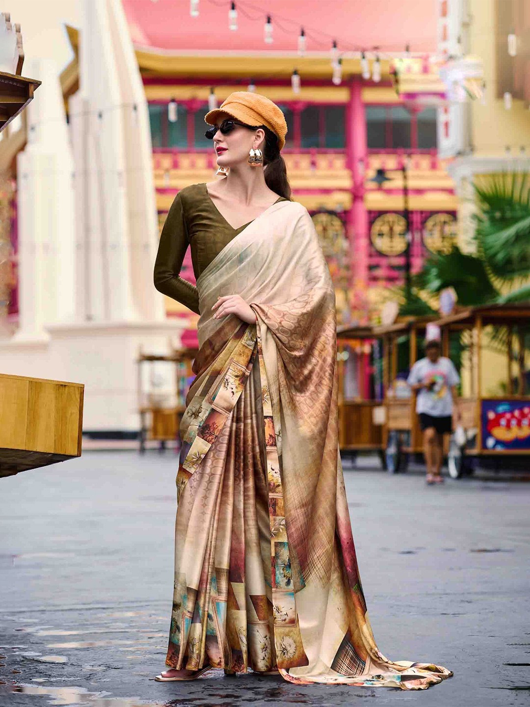 

Blissta Floral Printed Satin Saree, Beige