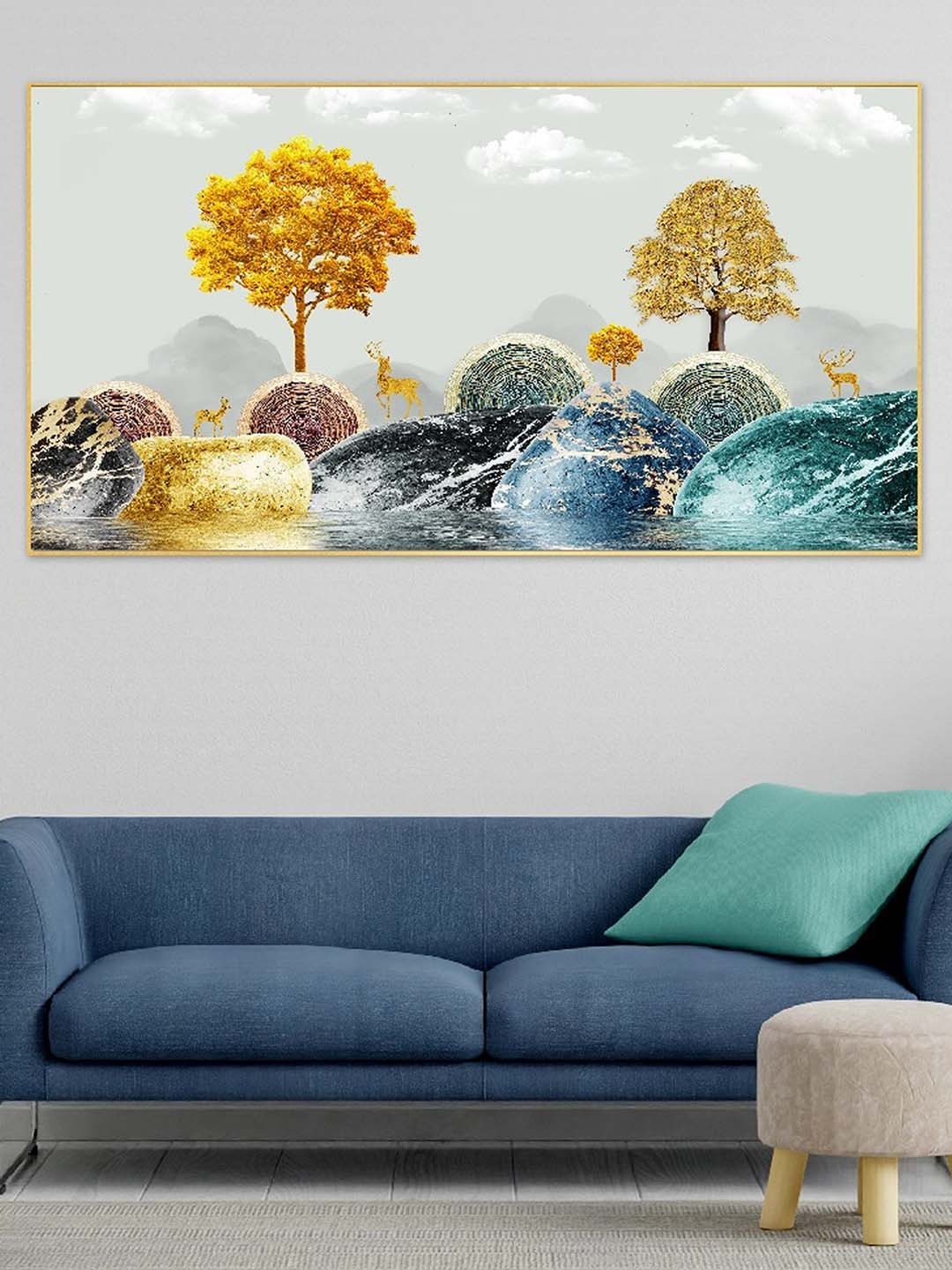 

DEKORSTATION Yellow & Blue Painting Wall Art, Gold