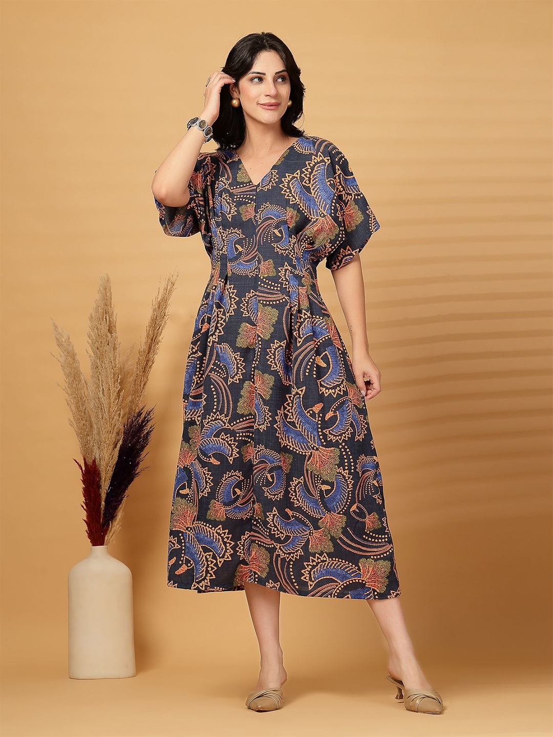 

plusS Floral Print Fit & Flare Midi Dress, Navy blue