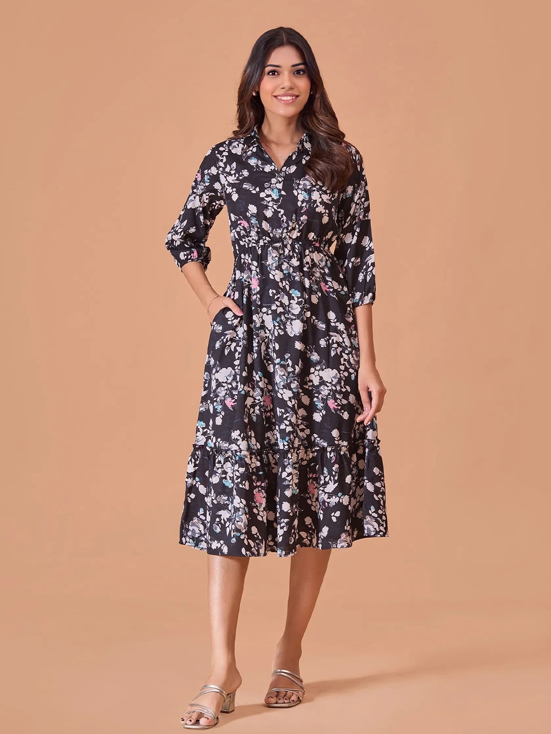 

all about you Women Floral Print Fit & Flare Midi Dress, Black