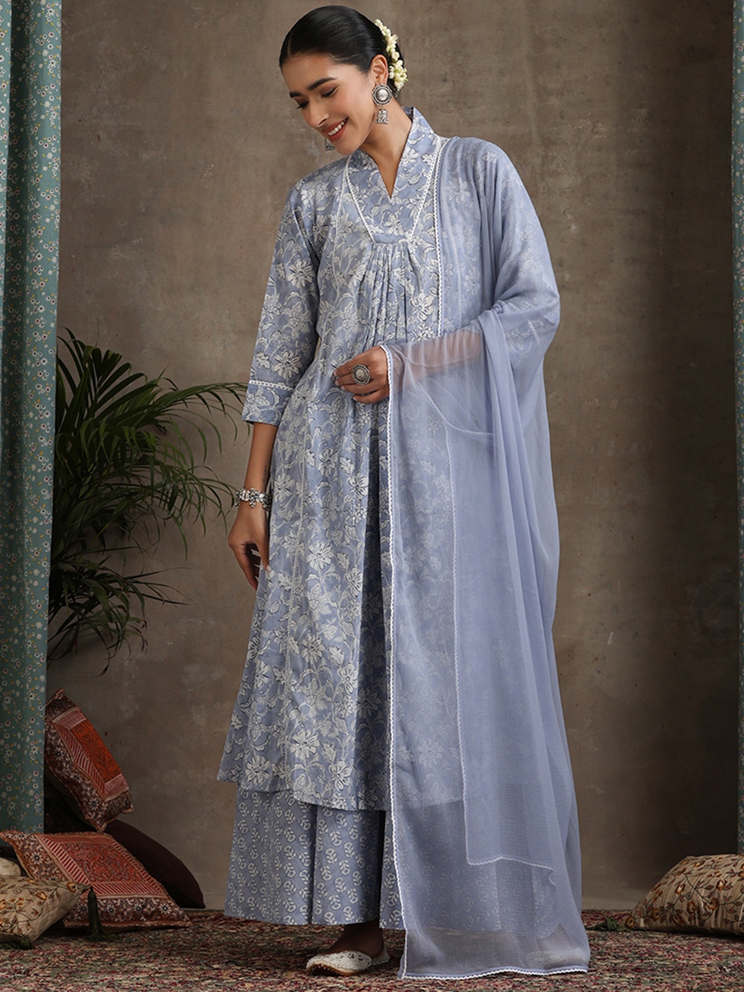 

Khushal K Women Ethnic Motifs Printed Regular Pure Cotton Kurta with Palazzos & With Dupatta, Blue