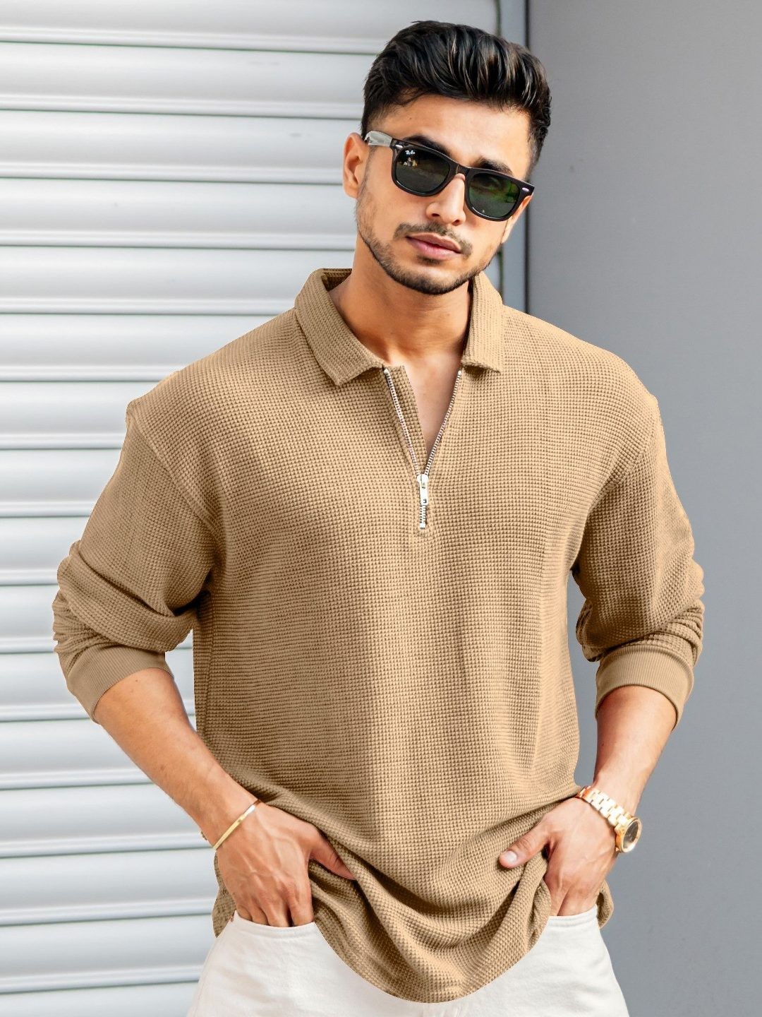 

Maniac Men Solid Polo Collar Cotton Oversized Longline T-shirt, Beige