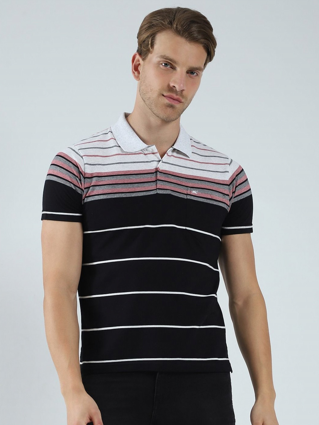 

Monte Carlo Men Striped Polo Collar Cotton T-shirt, Black