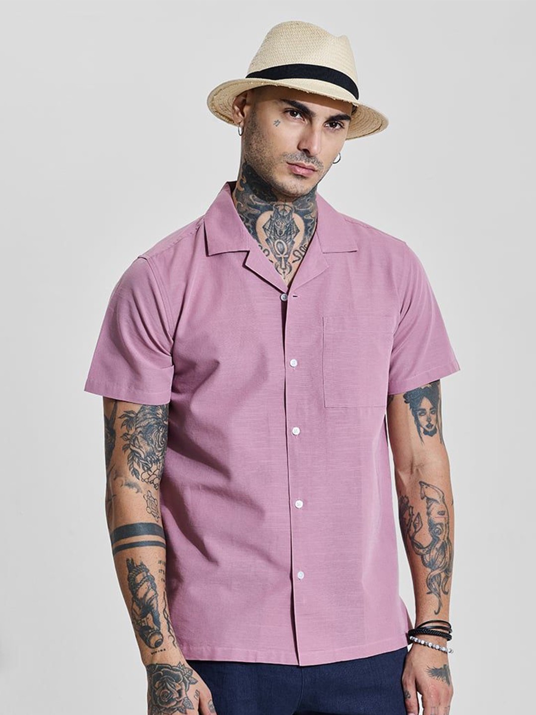 

Snitch Men Comfort Relaxed Fit Cuban Collar Solid Cotton Casual Shirt, Purple