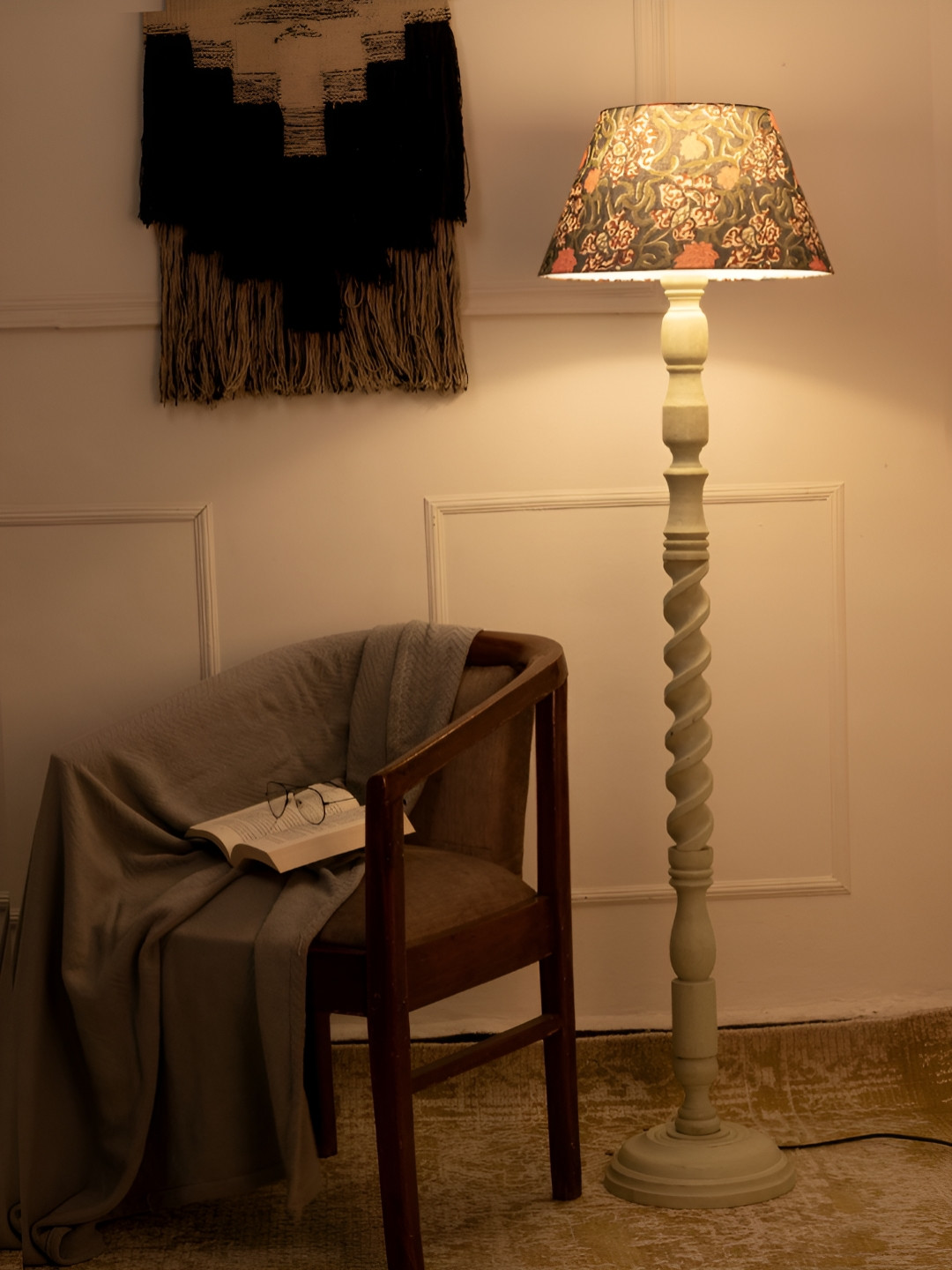 

green girgit Olive Green & Brown Floral Printed Frustum Shaped Taper Wooden Floor Lamp