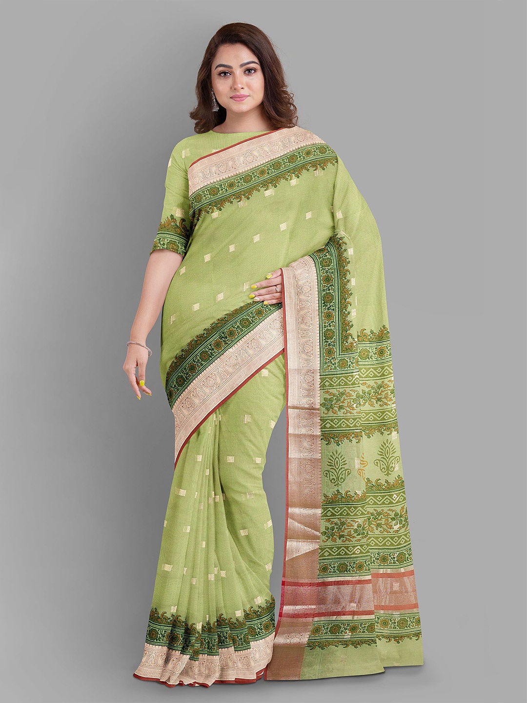 

The Chennai Silks Woven Design Zari Pure Cotton Chanderi Saree, Green