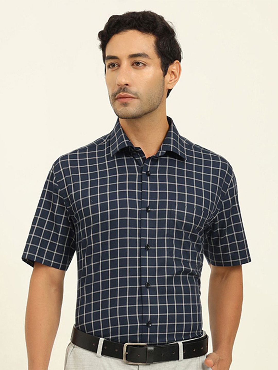 

JADE BLUE Men Regular Fit Spread Collar Grid Tattersall Checked Cotton Formal Shirt, Navy blue