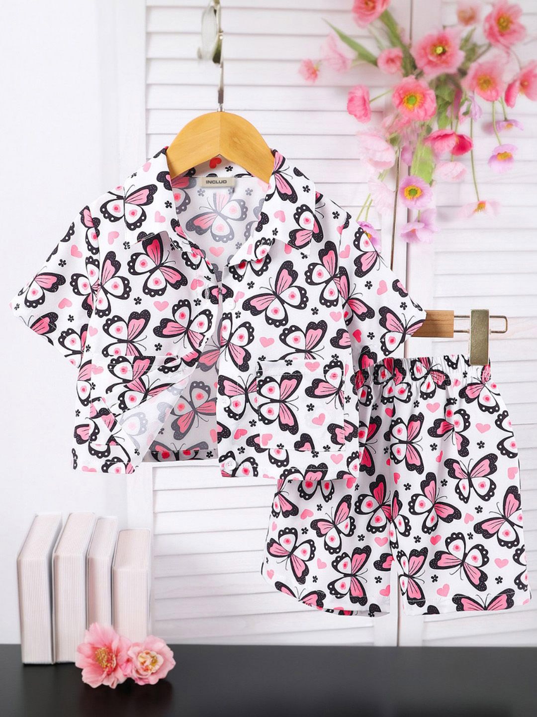 

INCLUD Girls Butterfly Printed Shirt With Shorts, White