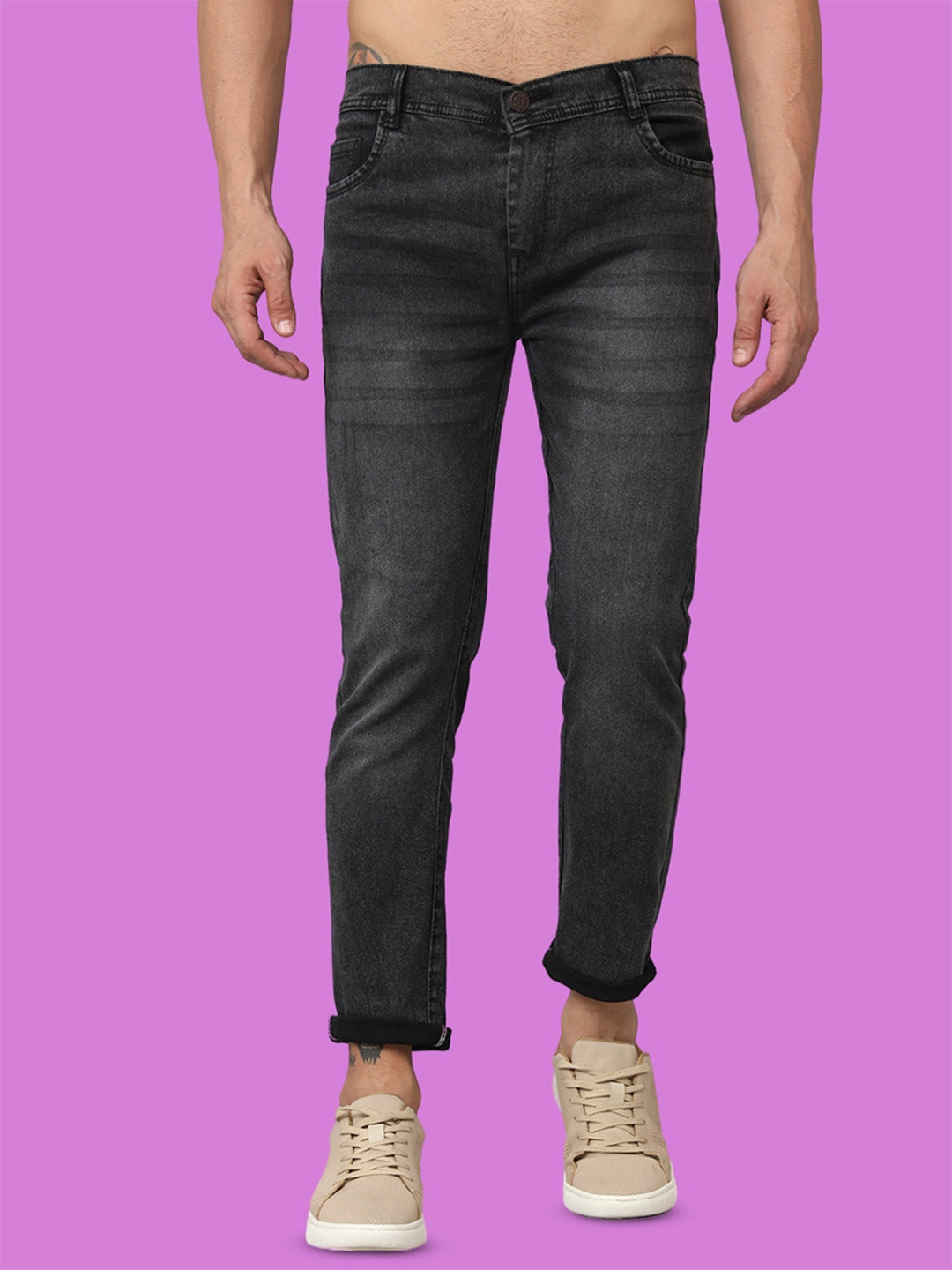 

COMFITS Men Classic Low Distress Light Fade Stretchable Jeans, Grey