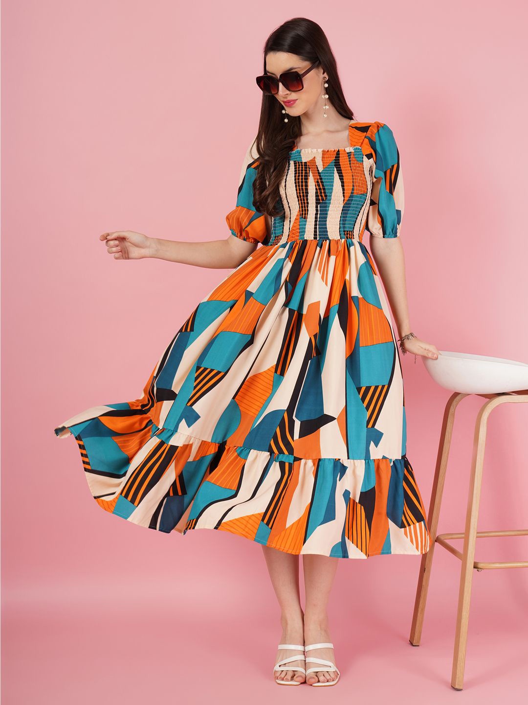 

OTABU Printed Puff Sleeve Fit & Flare Midi Dress, Mustard