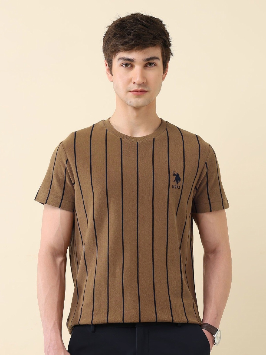 

U.S. Polo Assn. Men Striped Round Neck Cotton T-shirt, Brown